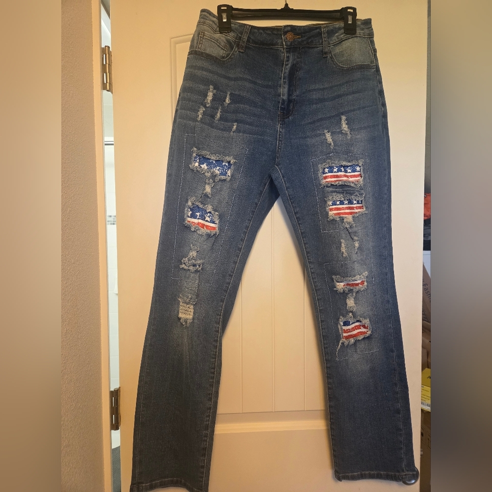 Trendy Blue Straight Leg Jeans with Flag Accents Waist Has Stretch